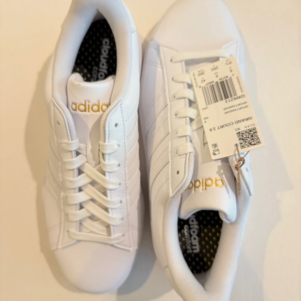 Adidas Grand Court 2.0 Tennis athletic sneaker Shoe White w/Gold Metallic Women'